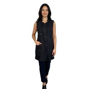 LeShop Women's Black Long Vest S Zip Front Sleeveless Cardigan Rayon Cotton VG